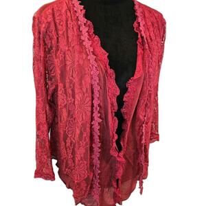 Pretty Angel Lipstick Red Boho Peasant Lace Overlay Crop Blouse LARGE Sexy Linen